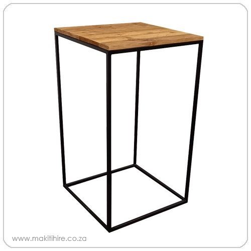 Cocktail table with black metal frame and wooden top, 600 × 600 × 1060 mm
